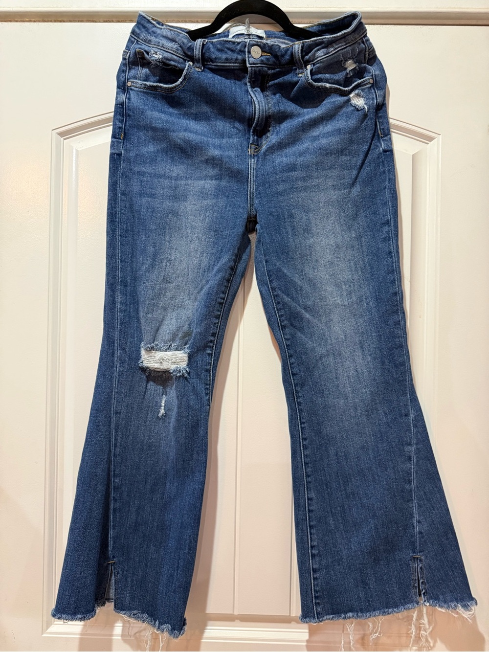 Mid-Rise Dark Blue Distressed Flare Jeans